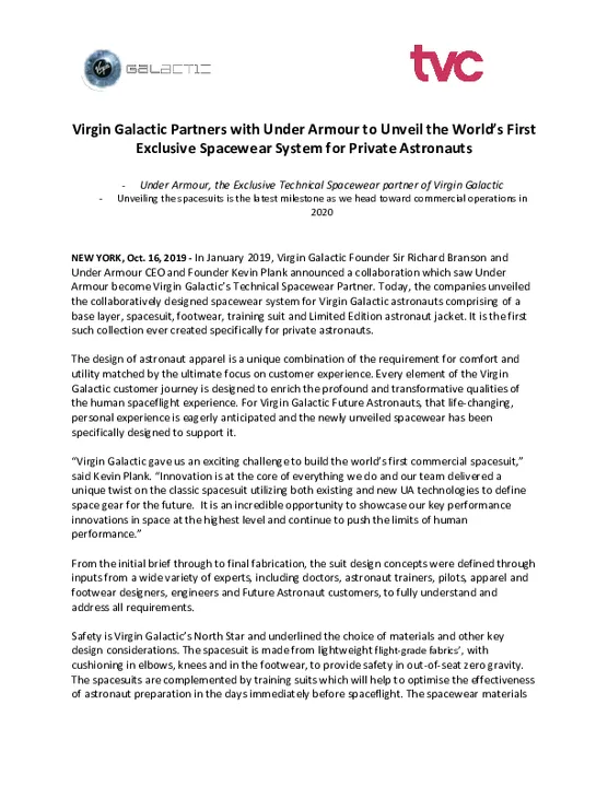 Virgin Galactic Partners with Under Armour to Unveil the World’s First Exclusive Spacewear System for Private Astronauts

